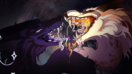 ambiguous_gender anthro bioluminescence black_body black_eyes black_fur black_tongue blue_body blue_fur bodily_fluids breast_squish breasts cosmic_background countershading detailed_mouth ear_piercing extreme_size_difference fangs female feral fur gaping_mouth genitals glowing glowing_throat gold_tongue group larger_feral larger_pred long_tongue lying macro macro_pred nude nude_ambiguous nude_anthro nude_female on_back on_front open_mouth oral_vore piercing raised_tail saliva saliva_string size_difference squish tail tan_body tan_fur teeth tongue vore vulva white_body white_countershading white_fur willing_pred willing_prey murriel mythology drake_(drakehillside) erden_(murriel) kyeudar_(ixyspy) riensifir_(zessique) arctic_fox canid canine dragon fox furred_dragon furred_scalie mammal mythological_creature mythological_scalie scalie true_fox 16:9 better_version_at_paywall hi_res widescreen