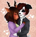 anthro antlers blush clothed clothing cuddling dress duo eyelashes eyes_closed female fur hair horn hug male male/female markings open_mouth pink_blush simple_background smile spots spotted_body spotted_fur cantieterno milly_(millydeer) ziggy_(skydiggitydive) canid canine canis dalmatian deer domestic_dog fox hybrid mammal digital_drawing_(artwork) digital_media_(artwork)