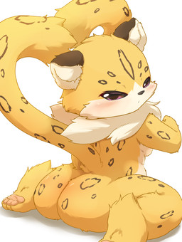 2_tails 4_toes anthro butt feet female fur handpaw kemono leopard_spots multi_tail paws solo spots tail toes yellow_body yellow_fur ukan_muri felid leopard mammal pantherine hi_res japanese_description