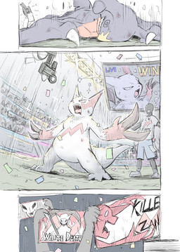 angry arena beaten bottomwear bruised cheering clothing detailed_background fur group happy humanoid_hands lying open_mouth outside red_body red_fur shirt shorts standing text topwear unconscious white_body white_fur yamatokuroko965 nintendo pokemon garchomp generation_3_pokemon generation_4_pokemon human mammal pokemon_(species) zangoose 2020 comic english_text hi_res