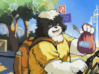 anthro backpack black_body black_fur clothing detailed_background fur humanoid_hands kemono male outside overweight overweight_anthro overweight_male shirt solo topwear white_body white_fur 6heiang27 canid canine canis domestic_dog mammal 2021 4:3 film_grain hi_res