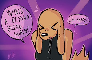 anthro apology black_clothing black_nose black_swimwear brown_body brown_fur clothing color_coded color_coded_speech_bubble dialogue eyes_closed female fur long_ears purple_background question simple_background solo speech_bubble swimwear text zipper biscotti5000 jane_(biscotti5000) canid canine canis domestic_dog mammal english_text hi_res
