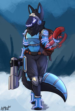 armor backpack black_body black_fur blue_body blue_fur bottomwear clothing female fur gun machine outside pants ranged_weapon snow solo walking weapon bear213 sparkin protogen hi_res