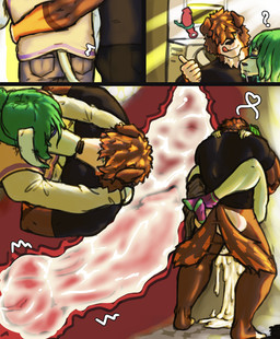 anthro back_alley big_penis bodily_fluids bulge cum cum_drip cum_in_ass cum_inside cum_overflow dripping duo excessive_cum excessive_genital_fluids genital_fluids genitals hair hair_over_eye half_naked huge_penis internal kissing knotting male male/male male_symbol_penetration penis public sex stand_and_carry_position standing standing_sex roda4413 lum_(roda4413) canid canine canis domestic_dog mammal hi_res