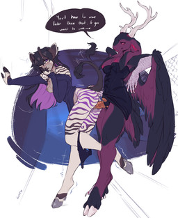 anthro antlers biped blue_background bodily_fluids breasts clothing dildo dominant dominant_female dress duo feathered_wings feathers female female/female genital_fluids genitals horn multicolored_body nipple_piercing nipples penetration piercing sex sex_toy side_view simple_background strapon striped_body stripes vaginal vaginal_fluids vulva white_background white_body wings wulvercazz giraffid hybrid lagomorph mammal okapi wolpertinger