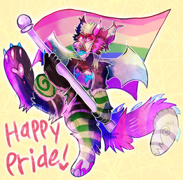 anthro barefoot bat_wings blue_claws blue_scar blue_teeth casual_nudity claws ear_tuft fangs featureless_crotch feet flag flag_(object) fluffy fur hair heart_font heart_symbol holding_flag holding_object horn lgbt_pride male mastectomy_scar membrane_(anatomy) membranous_wings nipples overbite pawpads paws pink_horn pink_nipples pink_pawpads pride_color_flag pride_colors rainbow_flag rainbow_pride_colors rainbow_pride_flag rainbow_symbol scar seam_(sewing) simple_background six-stripe_rainbow_pride_colors smile solo spiked_tail spikes spikes_(anatomy) spread_wings standing tail tail_mouth teeth text tuft unusual_anatomy unusual_tail wings pinatareaper j_(pinatareaper) canid canine canis hybrid mammal patchwork_creature 2021 artist_name digital_drawing_(artwork) digital_media_(artwork) english_text hi_res trans_(lore) trans_man_(lore)