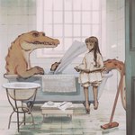 anthro basin bath bathing bloomers book bottomwear brush clothing duo female inside male newspaper nightgown open_mouth reading soap spiked_back spiked_tail spikes spikes_(anatomy) tail tile towel window rt0no crocodile crocodilian human mammal reptile scalie 1:1 digital_media_(artwork) digital_painting_(artwork) hi_res