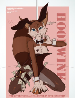 anthro blue_eyes breasts brown_body brown_skin bunny_costume clothing costume ears_up female legs_up leotard pasties small_breasts solo squirrel_tail tail conoreika dota valve hoodwink_(dota) mammal rodent sciurid tree_squirrel absurd_res digital_media_(artwork) hi_res