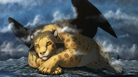 blue_sky brown_hair female feral hair outside sky solo wings yellow_body yellow_eyes meanybeany mythology felid mammal mythological_creature mythological_sphinx 16:9 2024 hi_res widescreen
