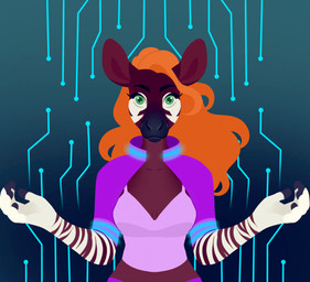 anthro big_ears bottomwear breasts cleavage clothed clothed_anthro clothed_female clothing crop_top cropped_jacket cyberpunk female fully_clothed fully_clothed_anthro fully_clothed_female fur glowing glowing_clothing green_eyes hair markings maroon_fur orange_hair pants shirt solo streetwear striped_arms striped_body striped_fur striped_markings stripes tank_top tech_control techwear topwear agentmoose genevieve_lykelle giraffid mammal okapi