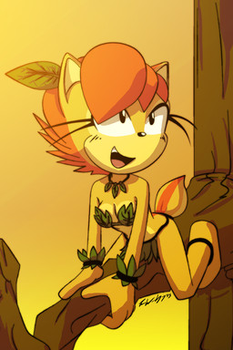 anthro barefoot biped black_nose branch breasts chipmunk_stripe cleavage clothed clothing eyelashes feet female fluffy fluffy_tail fur gradient_background grass_skirt hair jewelry leaf leaf_bra leaf_clothing leaf_loincloth necklace open_mouth orange_background orange_body orange_fur orange_hair outside plant short_tail simple_background skimpy smile solo sunset tail tree yellow_background megahayzer archie_comics sega sonic_the_hedgehog_(archie) sonic_the_hedgehog_(comics) sonic_the_hedgehog_(series) sally_acorn chipmunk ground_squirrel mammal rodent sciurid 2:3 hi_res signature
