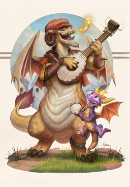 anthro breath_powers clothing duo elemental_manipulation feral fire fire_breathing fire_manipulation happy hat headgear headwear horn lute male musical_instrument musician percussion_instrument playing_music plucked_string_instrument purple_body smile string_instrument tail tambourine wings gamutfeathers activision european_mythology mythology spyro_reignited_trilogy spyro_the_dragon rescued_dragons_(spyro) spyro tomas_(spyro) dragon mythological_creature mythological_scalie scalie western_dragon hi_res