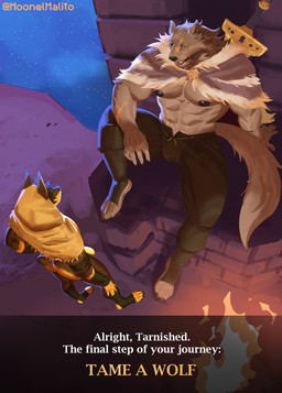 anthro big_bulge big_muscles big_pecs bottomwear bubble_butt bulge butt cloak clothing duo greatsword hood male male/male melee_weapon muscular muscular_anthro muscular_male pants pecs scar shirtless_male short_tail sword tail text weapon moonelmalito elden_ring fromsoftware blaidd_(elden_ring) canid canine canis domestic_dog mammal wolf absurd_res english_text hi_res