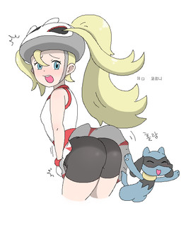ambiguous_gender anthro armor big_butt blonde_hair blue_eyes blush bottomwear breasts bubble_butt butt clothed clothing clothing_lift duo embarrassed female gym_leader hair headgear helmet human_focus leggings legwear looking_back male not_furry_focus open_mouth ponytail shorts_under_skirt simple_background skirt skirt_lift small_breasts spandex text tight_clothing white_background waagh nintendo pokemon korrina_(pokemon) canid generation_4_pokemon human mammal pokemon_(species) riolu 2024 digital_media_(artwork) korean_text