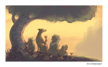 alcohol ambiguous_gender beverage detailed_background food glass group outside picnic picnic_blanket plant semi-anthro sitting sunset tail toony tree wine wood dingbat canid canine canis domestic_dog mammal