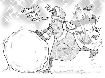 anthro clothed clothing eyes_closed female fully_clothed happy mature_anthro mature_female paws raised_paw running silly smile snow snowball solo tail tail_motion tailwag winter winter_clothing yanisp5 elisabetta_(yanisp5) canid canine canis mammal wolf absurd_res hi_res monochrome