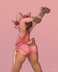 4_fingers anthro bodily_fluids brown_body brown_fur bulge clothing femboy fingers fur hair hair_over_eyes male open_mouth panties solo stretching sweat underwear yawn skymafia deer mammal 4:5 hi_res