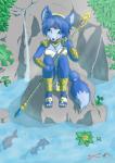 anthro blue_body blue_fur breasts female fur jewelry solo water waterfall sairine nintendo star_fox krystal_(star_fox) ambient_fish ambient_sealife canid canine fish fox mammal marine hi_res