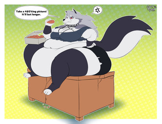 angry anthro belly belly_overhang belly_rolls big_belly big_breasts biped border bottomwear breasts censored_text chubby_cheeks cleavage clothed clothing collar cracks crop_top cross-popping_vein desk dessert digitigrade doughnut doughnut_box feet female food frown fur furniture furniture_damage green_background grey_body grey_fur grey_hair hair hindpaw holding_doughnut holding_food holding_object huge_belly legwear looking_at_viewer morbidly_obese morbidly_obese_anthro morbidly_obese_female narrowed_eyes navel obese obese_anthro obese_female overweight overweight_anthro overweight_female pastry pattern_background paws red_sclera sharp_teeth shirt shorts simple_background sitting sitting_on_desk solo speech_bubble spiked_collar spikes table teeth text thick_thighs thigh_highs three-quarter_view toeless_thigh_highs topwear white_border white_eyes wide_hips wristband sweetnessadmirer hellaverse helluva_boss mythology loona_(helluva_boss) canid canid_demon canine demon hellhound mammal mythological_canine mythological_creature 2022 absurd_res dated digital_media_(artwork) english_text hi_res signature