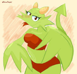 alternate_species anthro anthrofied breasts clothed clothing female forked_tongue green_body medium_breasts navel non-mammal_breasts non-mammal_navel red_clothing solo thick_thighs tongue tongue_out underwear underwear_only wide_hips missnatzooie banjo-kazooie mythology rareware dragon_kazooie kazooie avian breegull dragon mythological_creature mythological_scalie scalie hi_res