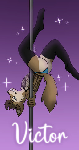 anthro butt clothing fishnet_clothing fishnet_shirt fishnet_topwear legwear male pole shirt solo stripper_pole text thigh_highs topwear upside_down victor_the_wolf_(artist) victor_(victor_the_wolf) canid canine canis mammal wolf english_text hi_res