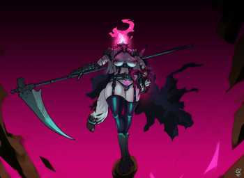 anthro armor barbell_piercing black_clothing black_hair black_legwear black_panties black_thigh_highs black_underwear breasts clothing collar colored_fire detachable detachable_head female fire flaming_neck gauntlets gloves glowing glowing_tattoo grey_body hair handwear headless holding_head holding_melee_weapon holding_object holding_own_head holding_polearm holding_scythe holding_weapon legwear looking_at_viewer melee_weapon modular nipple_barbell nipple_piercing nipples panties piercing pink_fire polearm pubic_tattoo scythe simple_background solo spiked_collar spikes tattoo thigh_highs underwear weapon urovandal european_mythology irish_mythology mythology dullahan hyena mammal 2023 hi_res