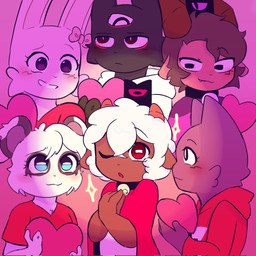 2_horns 3_eyes ambiguous/ambiguous ambiguous_gender anthro black_body black_fur black_wool blush bow_(feature) brown_horn cloak clothing dress female female/ambiguous fur grey_body grey_skin group heart_symbol holding_heart horn male male/ambiguous multi_eye one_eye_closed pink_background pink_body pink_bow pink_fur purple_cloak purple_clothing red_cloak red_clothing red_dress simple_background sparkles white_body white_fur white_wool wink wool_(fur) rouge_145 cult_of_the_lamb massive_monster_(studio) goat_(cult_of_the_lamb) jalala_(cult_of_the_lamb) lamb_(cult_of_the_lamb) nana_(cult_of_the_lamb) narinder ruri_(cult_of_the_lamb) bear bovid caprine domestic_cat felid feline felis giant_panda goat lagomorph leporid mammal rabbit sheep hi_res