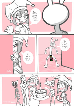 anthro birthday_cake blush cake censored_genitalia censored_penis dessert dialogue doll female food group humor male mask misunderstanding nude_male rag_doll_(toy) speech_bubble text jizoku glitch_productions the_amazing_digital_circus gangle_(tadc) jax_(tadc) kinger_(tadc) pomni_(tadc) ragatha_(tadc) zooble_(tadc) animate_inanimate humanoid lagomorph leporid living_chess_piece living_doll living_mask living_toy mammal rabbit absurd_res censored comic english_text hi_res nonbinary_(lore)