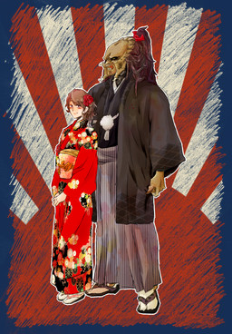 blush brown_body brown_hair claws clothed clothing duo fangs female female_on_humanoid hair human_on_humanoid interspecies japan japanese_flag male male/female male_on_human muscular muscular_male not_furry open_mouth ponytail purple_eyes rising_sun romantic romantic_couple smile teeth yellow_eyes kein_avp predator_(franchise) fan_character alien hare human humanoid lagomorph leporid mammal yautja alpha_channel hi_res