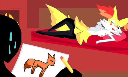 anthro bed black_body black_fur bodily_fluids breasts drawing_(action) drawing_(object) drawing_in_a_drawing duo fail female fur furniture genitals hair humor lying nipples nude odalisque on_bed open_mouth orange_eyes paper pen pose presenting semi-anthro silhouette simple_background smile solo_focus sweat vulva white_body white_fur yellow_body yellow_fur e-01 draw_me_like_one_of_your_french_girls nintendo pokemon anon braixen canid canine fox generation_6_pokemon mammal pokemon_(species) 2016 5:3 digital_media_(artwork) meme