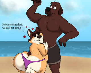 anthro beach big_butt bikini_thong biped black_eyes black_nose blue_eyes blush blush_lines bottomwear brown_body brown_ears brown_fur brown_hair brown_nose brown_tail butt clothing cloud day duo face_on_belly fur grey_bottomwear grey_clothing grey_swimming_trunks grey_swimwear hair hand_on_belly heart_symbol looking_at_another looking_back male male/male multicolored_body multicolored_bottomwear multicolored_clothing multicolored_fur muscular muscular_anthro muscular_male obese obese_anthro obese_male on_sand outside overweight overweight_anthro overweight_male pecs prince purple_clothing purple_swimwear purple_thong purple_underwear raised_leg royalty sand sea short_tail sky standing swimming_trunks swimwear tail tan_body tan_fur text thick_thighs thong two_tone_body two_tone_bottomwear two_tone_clothing two_tone_fur two_tone_swimming_trunks underwear water colossalstars arthur_higgles canid canine canis domestic_dog herding_dog mammal mastiff molosser pastoral_dog welsh_corgi 2025 5:4 digital_media_(artwork) english_text hi_res