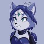 anthro blue_body blue_fur blue_hair bodysuit circlet clothing eyebrows eyelashes female fur green_eyes hair short_hair skinsuit solo tight_clothing wavy_mouth white_body white_fur missmccloud nintendo star_fox krystal_(star_fox) canid canine fox mammal 1:1 2024 hi_res portrait