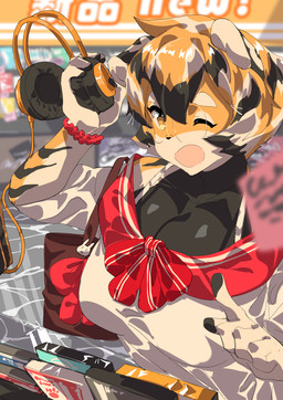 anthro black_body black_fur black_hair blurred_background bow_tie breasts clothing countershading electronics eyewear female fingers fur gesture glasses glistening glistening_hair hair hand_gesture headphones holding_object inside multicolored_body multicolored_fur multicolored_hair one_eye_closed open_mouth orange_body orange_fur orange_hair pointing pointing_at_viewer purse solo store white_body white_fur white_hair wink aspirindabaitu arknights hypergryph studio_montagne waai_fu_(arknights) felid mammal pantherine tiger 2021 absurd_res hi_res