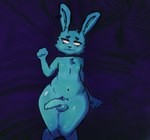 anthro average_penis balls blue_body embarrassed femboy fluffy genitals lying male nipples nude on_back penis solo thick_thighs thighs_together wide_hips nobru nuni_(nobru) lagomorph leporid mammal rabbit absurd_res hi_res