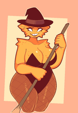 anthro big_breasts black_clothing bottomwear breasts broom cleaning_tool clothing eyelashes female fishnet_clothing fishnet_legwear freckled_breasts freckled_face freckled_shoulders freckles fur geometric_background hat headgear headwear holding_broom holding_cleaning_tool holding_object legwear multicolored_body multicolored_ears multicolored_fur orange_body orange_ears orange_fur simple_background smile solo thick_thighs two_tone_body two_tone_ears two_tone_fur white_eyes wide_hips witch_hat yellow_body yellow_ears yellow_fur conditional_dnp welwraith scraper_city mania_(welwraith) domestic_cat felid feline felis mammal 2023 aliasing binary_drawing digital_drawing_(artwork) digital_media_(artwork) portrait three-quarter_portrait