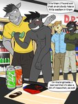 3:4 anthro bat bear beverage_can blush bottomwear bovid buying candy caprine cheek_tuft chest_tuft chips_(food) chocolate chocolate_bar clothed clothed/nude clothed_male clothing collarbone comic connor_(texnatsu) covering covering_crotch crotch_lines dessert dialogue embarrassed english_text facial_tuft fingers food fully_clothed fuze group hair hi_res holding_money holding_object hover_hand humiliation inside kenta_yamashita lorenzo_(texnatsu) male mammal money navel nipples nude only_one_nude pants public public_humiliation public_nudity rhinoceros roland_(texnatsu) shirt shopping shorts speech_bubble store t-shirt texnatsu text topwear tuft v-cut ventral_groove
