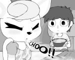 5:4 alfa995 animal_crossing anthro blush deer diana_(animal_crossing) duo english_text eyes_closed female food human low_res male mammal monochrome nintendo sneeze soup text villager_(animal_crossing)