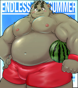 anthro belly big_belly black_nose blush bottomwear clothing eyewear eyewear_on_head food fruit humanoid_hands kemono male melon moobs navel nipples overweight overweight_male plant shorts solo sunglasses sunglasses_on_head swimwear text watermelon sakisukem bear mammal 2022 absurd_res english_text hi_res