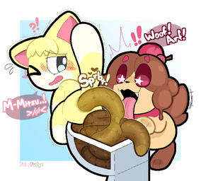 ambiguous/ambiguous ambiguous_gender anthro anus bangs barking biped blush blush_lines blush_stickers bodily_fluids chibi dialogue duo eating_feces embarrassed enjoying_feces excessive_feces exclamation_point feces feces_in_mouth feces_pile flying_sweatdrops fur gradient_background licking_feces looking_at_another one_eye_closed one_fang open_mouth open_smile pink_eyes pooping pooping_in_toilet raised_tail scatplay simple_background sitting sitting_on_toilet smile sound_effects speech_bubble star_pupils stuttering sweat sweatdrop tail tail_motion text toilet tongue tongue_out tremble_spikes vowelless vowelless_sound_effect wide_eyed yellow_body yellow_fur fairyfudge nintendo pokemon mitzu_(fairyfudge) domestic_cat felid feline felis generation_6_pokemon mammal pokemon_(species) slurpuff artist_name digital_media_(artwork) hi_res male_(lore)