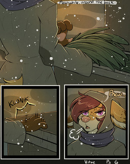 anthro detailed_background female fur hair orange_body orange_fur pink_eyes red_hair snow snowing solo text winter_clothing howlart terra_cruxis merri_(howlart) vitae_(howlart) canid mammal comic hi_res