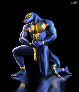 anthro balls black_background blue_body blue_scales flaccid foreskin genitals golden_markings humanoid_genitalia humanoid_penis kneeling kneeling_on_ground male multicolored_body nude pecs penis reflection scales simple_background solo tail two_tone_body unretracted_foreskin nous_(artist) reptile scalie snake absurd_res hi_res shaded