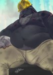 anthro armor belly big_belly black_body bodily_fluids bottomwear bulge clothing gloves handwear hard_hat headgear helmet kemono male moobs nipples overweight overweight_male pants sitting smoking solo sweat hikoero777 lagomorph leporid mammal rabbit 2023