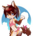 4_fingers accessory anthro bikini blue_eyes blue_pupils blush breasts brown_body brown_ears brown_fur brown_hair brown_pawpads brown_tail cheek_tuft chest_tuft clothed clothing collarbone countershade_face countershade_hands countershade_legs countershade_torso countershading cute_fangs dark_pupils facial_tuft female fingers front_view fur fur_tuft furgonomics gesture hair hair_accessory hair_ribbon hand_on_leg hand_on_thigh handpaw inner_ear_fluff iris light looking_at_viewer monotone_bikini monotone_clothing monotone_hair monotone_swimwear monotone_tail multicolored_body multicolored_fur navel open_mouth open_smile pawpads paws pink_bikini pink_clothing pink_nose pink_ribbon pink_swimwear pink_tongue pose pupils ribbons simple_background sky skyscape small_breasts smile smiling_at_viewer solo standing swimwear tail tail_accessory tail_ribbon thin_eyebrows three-quarter_view tied_hair tongue tuft two-piece_swimsuit waving white_background white_body white_countershading white_fur white_inner_ear_fluff yellow_body yellow_fur young young_anthro young_female canopus335 canid canine canis domestic_dog mammal 2023 colored digital_media_(artwork) hi_res lighting portrait shaded three-quarter_portrait