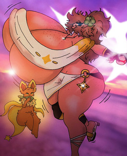 anthro big_breasts big_butt breasts butt clothed clothing duo female freckles hair huge_breasts hyper hyper_breasts male messy_hair partially_clothed thick_thighs spindastruck golden_week nintendo pokemon fan_character nova_(hypereeveesnivy) eevee generation_1_pokemon human mammal pokemon_(species) absurd_res hi_res