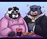 anthro belly beverage big_belly black_body black_nose bubble_tea clothing duo eyes_closed hoodie male open_mouth overweight overweight_male simple_background topwear white_body 06junior11 bear giant_panda mammal 2024 hi_res letterbox