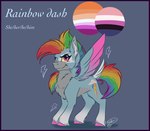 black_border black_eyebrows blue_body blue_feathers blue_fur blue_wings border cutie_mark eyebrows feathering feathers female feral fur genderfluid_pride_colors grey_background grey_body grey_fur hair hooves lesbian_pride_colors lgbt_pride mane multicolored_body multicolored_fur multicolored_hair multicolored_mane multicolored_tail orange_lesbian_pride_colors pink_body pink_eyes pink_feathers pink_hooves pink_wings pride_colors pronouns rainbow_hair rainbow_mane rainbow_tail simple_background solo tail text two_tone_wings white_body white_fur white_text wings yellow_sclera sweetvixenarts friendship_is_magic hasbro my_little_pony mythology rainbow_dash_(mlp) equid equine mammal mythological_creature mythological_equine pegasus 2023 hi_res signature