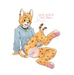 andromorph anthro anus bottomless claws clothed clothing collar dialogue forked_tail fur genitals green_eyes hoodie intersex partially_clothed pawpads pink_pawpads pussy solo tail topwear unusual_anatomy unusual_tail yellow_body yellow_fur odd_lee0 leo_(cosmicservalleo) felid feline mammal serval hi_res