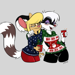 annoyed anthro arm_over_shoulder blonde_hair christmas_clothing christmas_sweater christmas_topwear clothed clothing countershade_face countershading drunk duo female female/female gloves_(marking) hair holidays markings pink_nose red_solo_cup ring_(marking) ringed_tail striped_markings striped_tail stripes substance_intoxication sweater tail tail_markings topwear ugly_sweater white_hair 49ersrule07 christmas becky_ringtail sally_skunk bassariscus mammal mephitid procyonid ring-tailed_cat skunk 1:1 2024 digital_media_(artwork) hi_res