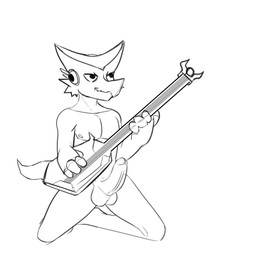 4_fingers anthro carynewman electric_guitar electronics fingers guitar headphones male musical_instrument nipples plucked_string_instrument solo string_instrument unknown_artist bandai_namco digimon xor_shoutmon digimon_(species) shoutmon hi_res monochrome