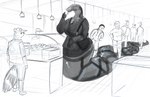 anthro apode bakery big_breasts biped breasts cleavage clothed clothing female forked_tongue group inside legless male purse serpentine tongue tongue_out doctordj draconcopode mammal naga procyonid raccoon reptile scalie snake 2023 digital_media_(artwork) greyscale hi_res monochrome